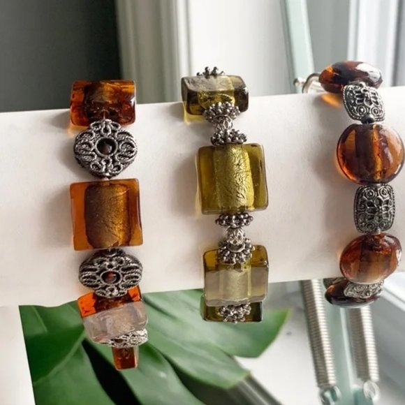 Orange & Gold Handmade Glass & Metal Bracelet Trio with Silver Accents - Picture 7 of 16